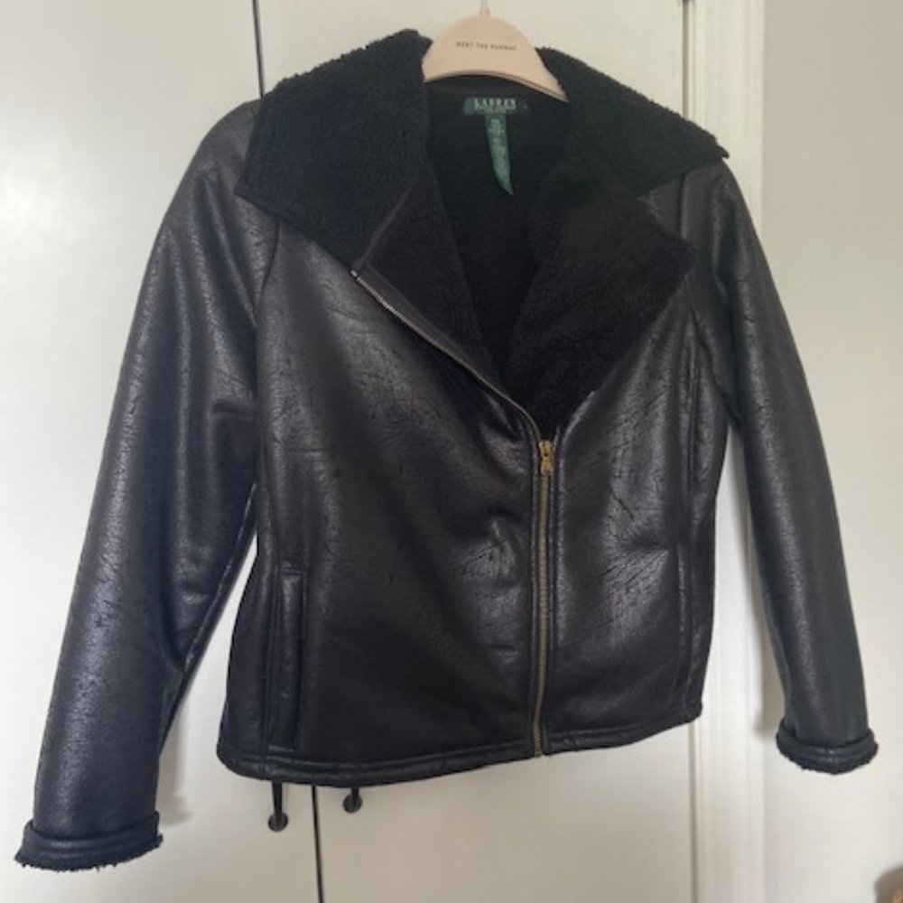 LAUREN RALPH LAUREN, Faux Suede Moto Jacket with Faux Fur/Sherpa, Size Petite Md